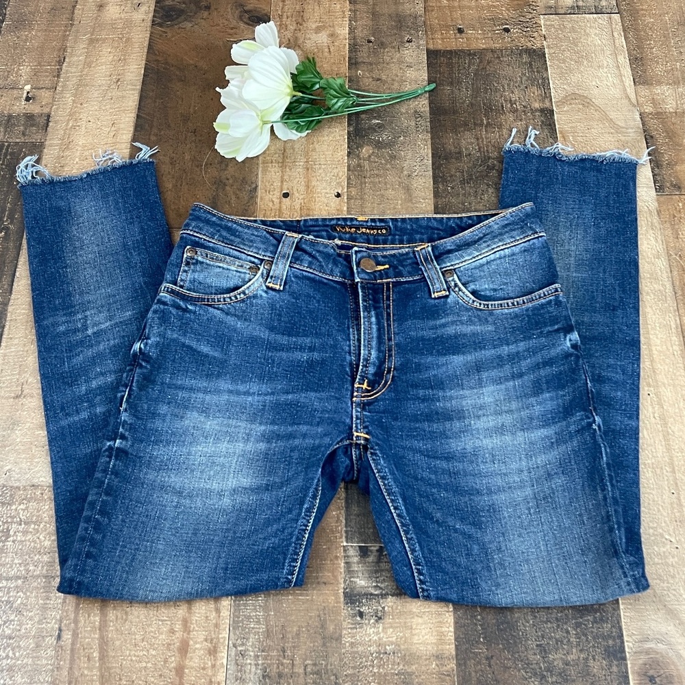 Unisex Nudie Jeans Co. Medium Wash Skinny Lin Raw Hem Jeans